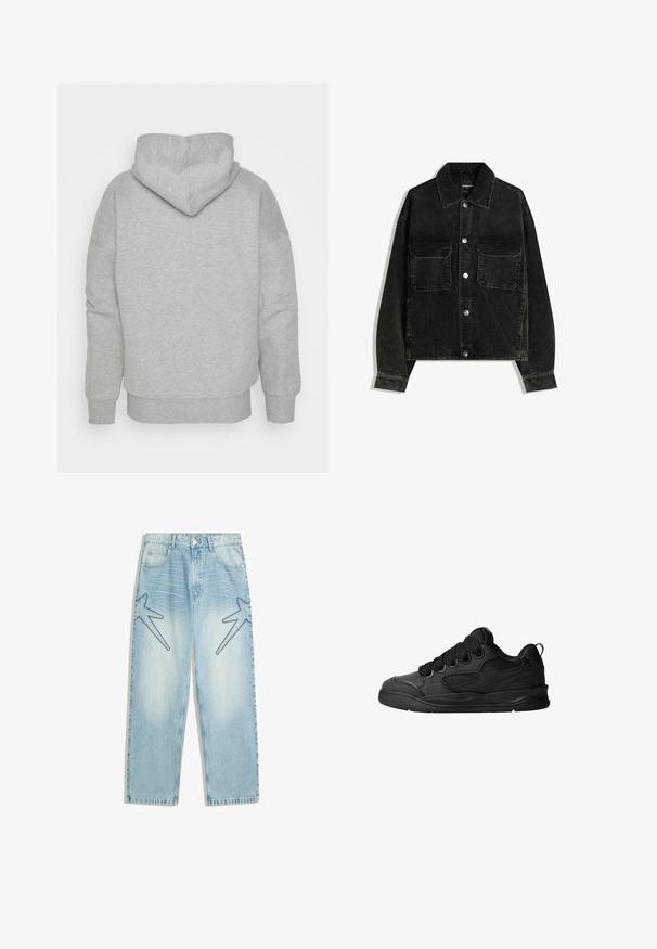 Černá kordurová bunda s předním zapínáním na knoflíky, dvěma náprsními kapsami a límcem. Texturovaná tkanina s vertikálními pruhy.; Šedá mikina s kapucí, širokými rukávy a žebrovaným lemem. Měkká, texturovaná tkanina bez viditelných vzorů nebo hardwarových detailů.; Světle modré džíny s rovnou siluetou, na přední straně s velkými hvězdnými vzory v tmavší modré barvě a tradičním pětipocket stylem.; Černé tenisky s texturovaným svrškem, obsahující šněrování, síťované detaily pro prodyšnost, polstrovaný límec a pevnou podrážku.