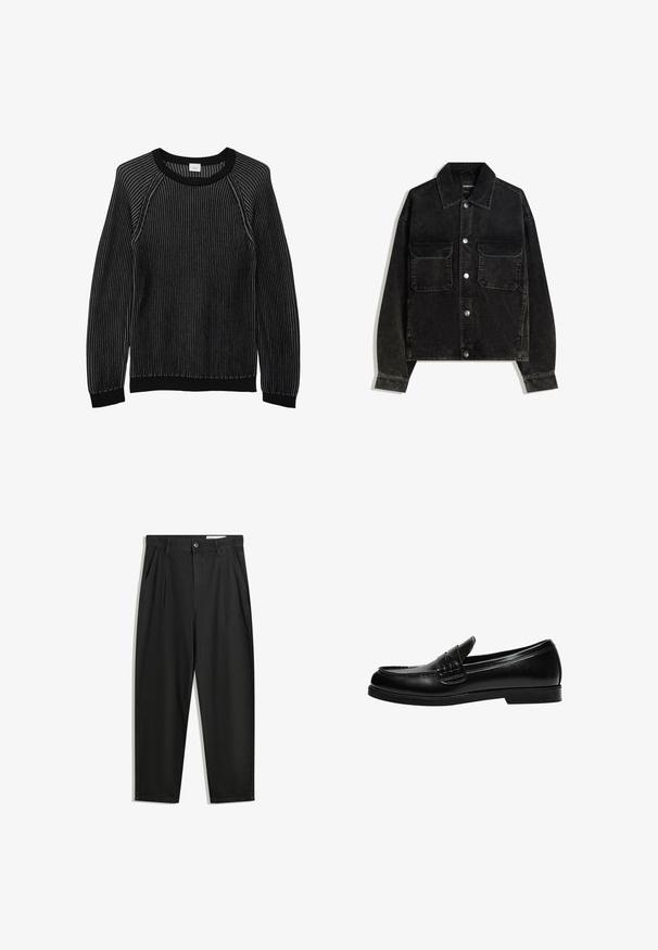 Zwarte corduroy jas met een knoopsluiting aan de voorkant, twee borstzakken en een kraag. Gelaagd weefsel met verticale ribbels.; s.Oliver IN TWO TONE OPTIK - Trui - schwarz; Zwarte katoenen broeken met een losse pasvorm, voorzien van een klassieke tailleband, voorplooien en zijzakken. Gladde structuur zonder patronen.; Zwarte leren loafers met een gladde afwerking, voorzien van stiksel op de voorkant en een lage, stevige zwarte rubberen zool.