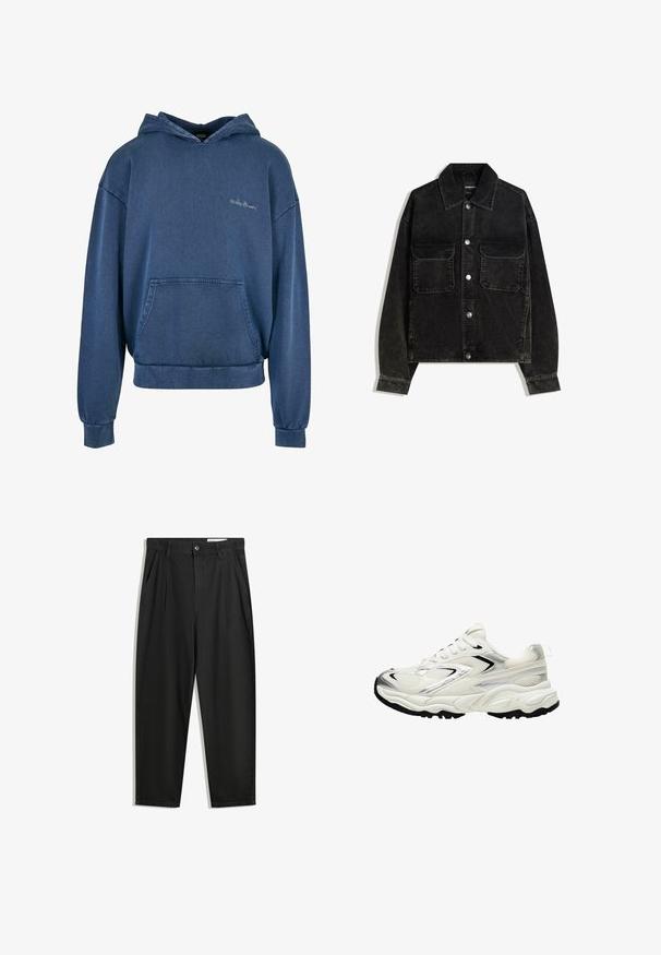 Jachetă neagră din catifea cord, cu închidere frontală cu nasturi, două buzunare la piept și guler. Material texturat cu dungi verticale.; Hanorac albastru din denim cu un buzunar frontal, glugă ajustabilă și manșete ribbate. Prezintă broderie simplă pe piept. Design clasic, de tip pulover.; Pantaloni negri din bumbac cu croială lejeră, având un brâu clasic, plii frontale și buzunare laterale. Textură netedă fără modele.; Adidași albi cu un superior din plasă, accente argintii, talpă neagră și panouri texturate. Caracteristici includ un design cu șireturi și o formă de vârf rotunjit.
