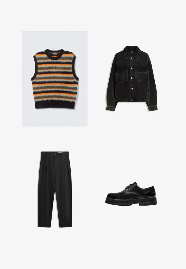 Crna kord jakna s gumbima sprijeda, dva džepa na prsima i ovratnikom. Tekstuirani materijal s vertikalnim trakama.; Bezrukava plišana pletena veste s horizontalnim prugama u crnoj, narančastoj, maslinasto zelenoj i svijetlo sivoj boji, s okruglim izrezom.; Crne pamučne hlače s opuštenim krojem, s klasičnim pojasom, prednjim nabranjima i bočnim džepovima. Glatka tekstura bez uzoraka.; Crne kožne cipele na vezanje s zaobljenim nosom, teksturiranom površinom i debelim gumenim potplatom koji ima duboke utore za bolju prianjivost.