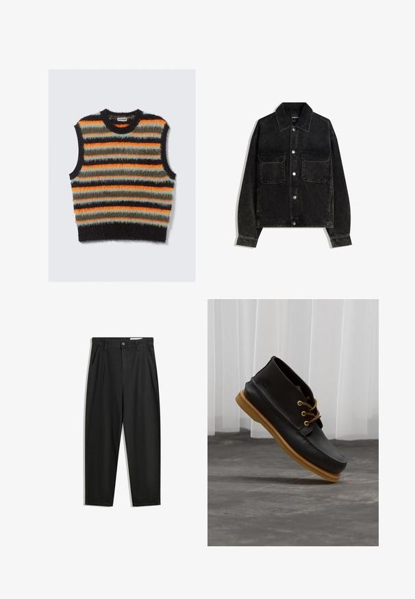 Black corduroy jacket with a button-up front, two chest pockets, and a collared neck. Textured fabric with vertical ridges.; Sleeveless fuzzy knit vest with horizontal stripes in black, orange, olive green, and light gray, featuring a round neckline.; Black cotton trousers with a relaxed fit, featuring a classic waistband, front pleats, and side pockets. Smooth texture without patterns.; Black leather shoes with a smooth finish, round toe, brown laces, and light brown rubber soles. Logo embossed on the side.