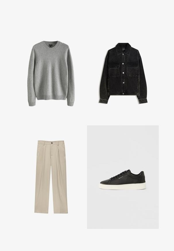 Giacca in velluto nero con chiusura a bottoni, due tasche sul petto e colletto. Tessuto testurizzato con righe verticali.; Maglione grigio in knit con scollatura rotonda, polsini e orlo a coste, caratterizzato da una texture morbida e una vestibilità rilassata. Nessun motivo o accento visibile.; Pantaloni beige a taglio dritto, con un solo bottone nero, passanti per la cintura e tasche laterali. Tessuto dalla texture liscia e design minimale.; Sneakers nere in pelle con suola in gomma bianca, lacci piatti e dettaglio del marchio sul lato. Texture liscia e design con punta arrotondata.