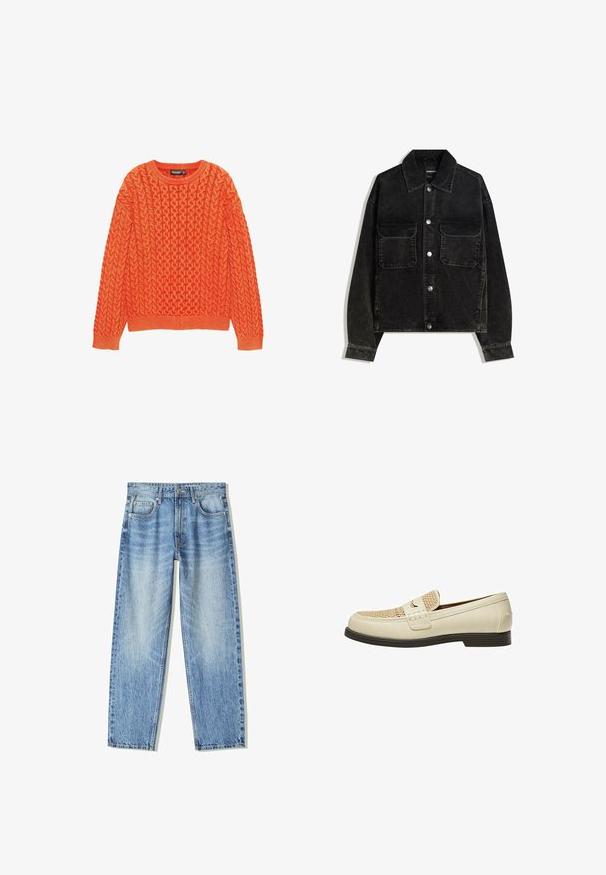 Fekete bordás dzseki gombos elülső résszel, két mellzsebbel és galléros nyakkal. Texturált anyag, függőleges bordákkal.; Narancssárga kötött pulóver, textúrált kábelmintával, kerek nyakkivágással, bordás mandzsettákkal és lefelé bordázott aljjal. Puha, meleg anyagból készült.; Világoskék farmernadrág, laza szabással, egyenes szárú dizájnnal, öt zsebbel és kopottas textúrával. Elöl gombos és cipzáros záródással.; Beige bőrcipők, fonott részletekkel az orron és lapos barna talppal. Dekoratív pánt található az elején.