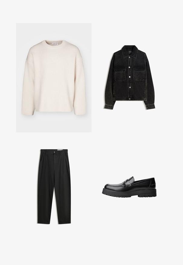 Schwarze Cordjacke mit knöpfbarem Vorderteil, zwei Brusttaschen und Kragen. Strukturiertes Gewebe mit vertikalen Rillen.; Cremfarbener Strickpullover mit Rundhalsausschnitt, überschnittenen Schultern und langen Ärmeln. Einfaches Design ohne Verzierungen.; Schwarze Baumwollhose mit lockerem Schnitt, ausgestattet mit einem klassischen Bund, vorderen Falten und Seiten taschen. Glatte Textur ohne Muster.; Schwarzer Lederloafer mit grobem, rutschfestem Sohlenprofil und dekorativem Riemen über der Oberseite, seitlich links auf weißem Hintergrund abgebildet.