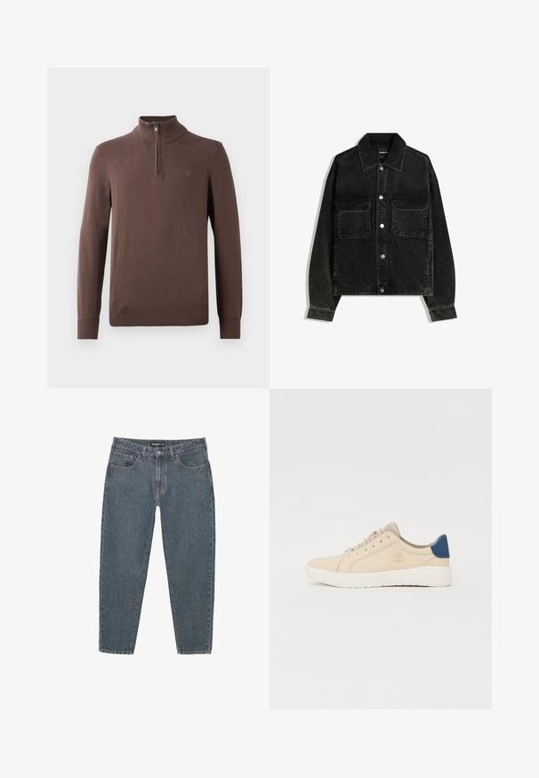 Zwarte corduroy jas met een knoopsluiting aan de voorkant, twee borstzakken en een kraag. Gelaagd weefsel met verticale ribbels.; Bruine gebreide pullover met een hoge kraag en een kwart rits. Voorzien van geribbelde mouwen en onderrand, met een klein logodetail op de borst.; Donkerblauwe spijkerbroek met een relaxte pasvorm, vijf zakken, knoopsluiting en een licht rafelrandje. Duurzaam materiaal met een subtiele textuur.; Beige sneakers van suede, voorzien van een witte zool, beige veters en een blauwe accent op de hak. Logo ingebosseld aan de zijkant.