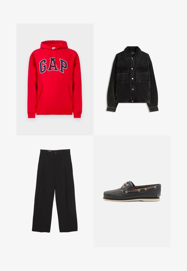 Čierna jemne ryhovaná bunda s gombíkmi na prednej strane, dvoma vreckami na hrudi a golierom. Textúrovaná tkanina s vertikálnymi ryhami.; Červená mikina s kapucňou vyrobená z bavlny, s prednou vreckom, šnúrkami na kapucni a logom "GAP" v námorníckej modrej farbe naprieč hrudníkom.; Čierne široké nohavice vyrobené z hladkej tkaniny, s plochým pásom, prednými záhybmi a jedným zapínaním na gombík.; Čierne kožené loďové topánky s okrúhlou špičkou, bielou gumovou podrážkou, zlatými očkami a kontrastnými bordovými šnúrkami. Obsahujú prešívané detaily.