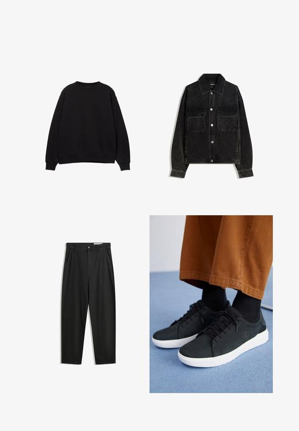 Svart kordflodjacka med knapp-up framtill, två bröstfickor och krage. Strukturerad tyg med vertikala ribbor.; Svart sweatshirt med rund hals, sänkta axlar och ribbade ärmar. Tillverkad av ett mjukt material och har en enkel, klassisk design.; Svarta bomullsshorts med avslappnad passform, med en klassisk midja, framveck och sidfickor. Slät textur utan mönster.; Svarta mockaskor med vita gummisålar, med snörning, texturerade detaljer och subtil branding, kombinerade med bruna byxor.