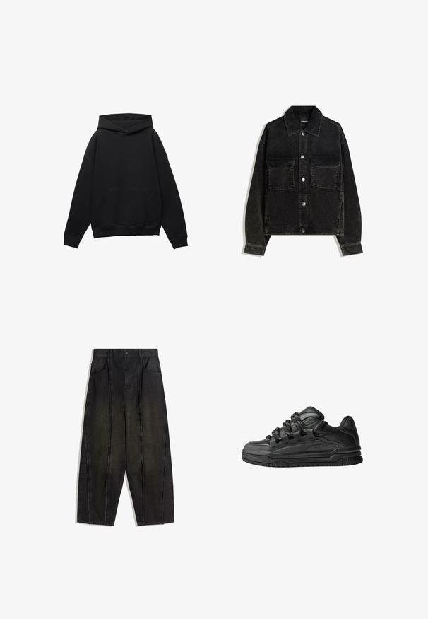 Jachetă neagră din catifea cord, cu închidere frontală cu nasturi, două buzunare la piept și guler. Material texturat cu dungi verticale.; Hanorac negru dintr-un material moale, cu un buzunar frontal, siluetă oversized și glugă cu șnur. Include manșete și tiv ribbate.; Pantaloni negri din denim cu picioare largi, cu cusături vizibile și margini desfăcute, având două buzunare frontale și un design cu talie înaltă.; Adidași negri cu o parte superioară din piele netedă, accente texturate și șireturi rotunde negre și albe. Talpă groasă din cauciuc cu un profil texturat.