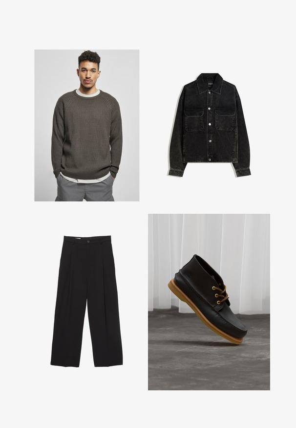 Svart kordflodjacka med knapp-up framtill, två bröstfickor och krage. Strukturerad tyg med vertikala ribbor.; Mörkbrun rippad tröja med rund halsringning och raglanärm, lager på lager över en vit skjorta. Texturen ser mjuk och mysig ut.; Svarta vida byxor tillverkade av mjukt tyg, med platt midjeband, framfåll och en enkel knappstängning.; Svarta läderskor med en jämn yta, rund tå, bruna snören och ljusbruna gummisulor. Logotyp präglad på sidan.