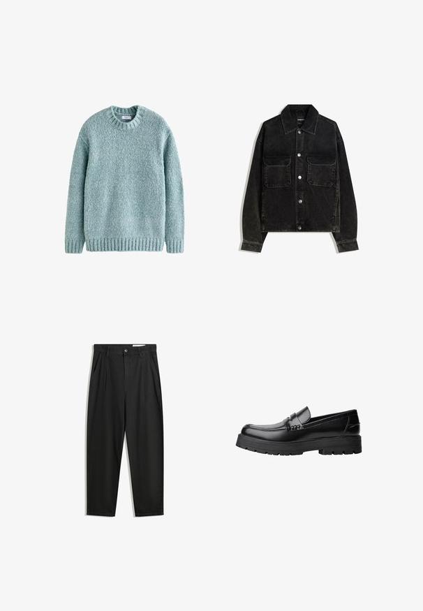 Crna kord jakna s gumbima sprijeda, dva džepa na prsima i ovratnikom. Tekstuirani materijal s vertikalnim trakama.; Svijetloplavi pletivni pulover s okruglim izrezom, rebrastim završetcima i rubom. Izrađen od teksturirane pređe, s udobnim dizajnom pogodnim za ležerno nošenje.; Crne pamučne hlače s opuštenim krojem, s klasičnim pojasom, prednjim nabranjima i bočnim džepovima. Glatka tekstura bez uzoraka.; Crna kožna mokasina s debelim potplatima i dekorativnom trakom preko gornjeg dijela, prikazana u lijevom bočnom profilu na bijeloj pozadini.