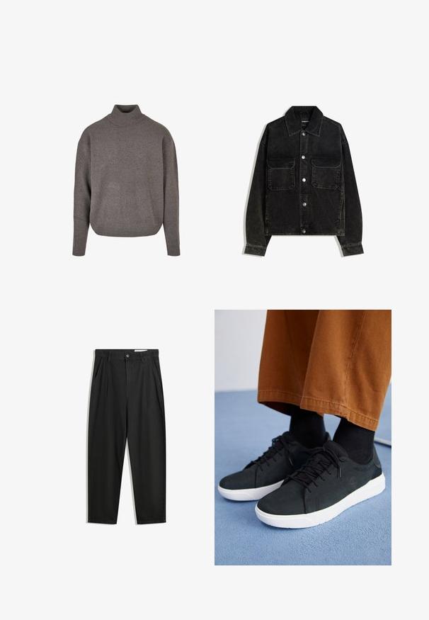 Černá kordurová bunda s předním zapínáním na knoflíky, dvěma náprsními kapsami a límcem. Texturovaná tkanina s vertikálními pruhy.; Šedý rolák vyrobený z měkké, texturované pleteniny. Volný střih, dlouhé rukávy a ribbované manžety a spodní lem.; Černé bavlněné kalhoty s uvolněným střihem, klasickým pasem, předními záhyby a bočními kapsami. Hladká textura bez vzorů.; Černé semišové tenisky s bílými gumovými podešvemi, s šněrovacím designem, texturovanými detaily a jemným logem, spárované s hnědými kalhotami.