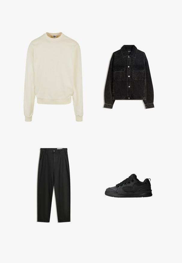 Giacca in velluto nero con chiusura a bottoni, due tasche sul petto e colletto. Tessuto testurizzato con righe verticali.; Felpa di colore crema realizzata in tessuto morbido, con scollo a girocollo, maniche lunghe e polsini e bordo a costine. Senza motivi o grafiche.; Pantaloni in cotone neri con una vestibilità rilassata, dotati di una vita classica, pieghe frontali e tasche laterali. Tessuto liscio senza fantasie.; Sneakers neri con una tomaia testurizzata, dotati di lacci, accenti in mesh per la traspirabilità, colletto imbottito e suola robusta.