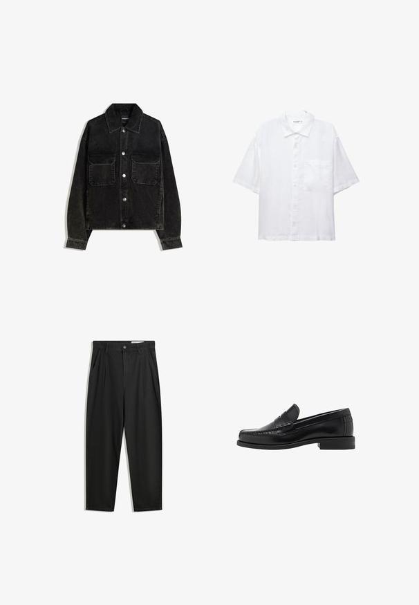 Černá kordurová bunda s předním zapínáním na knoflíky, dvěma náprsními kapsami a límcem. Texturovaná tkanina s vertikálními pruhy.; Bílé krátké tričko s krátkým rukávem, zapínáním na knoflíky, límečkem a jednou náprsní kapsou. Vyrobeno z lehké látky s hladkou texturou.; Černé bavlněné kalhoty s uvolněným střihem, klasickým pasem, předními záhyby a bočními kapsami. Hladká textura bez vzorů.; Černé kožené mokasíny s hladkým povrchem, prošíváním na špičce a nízkým podpatkem pro komfort a styl.