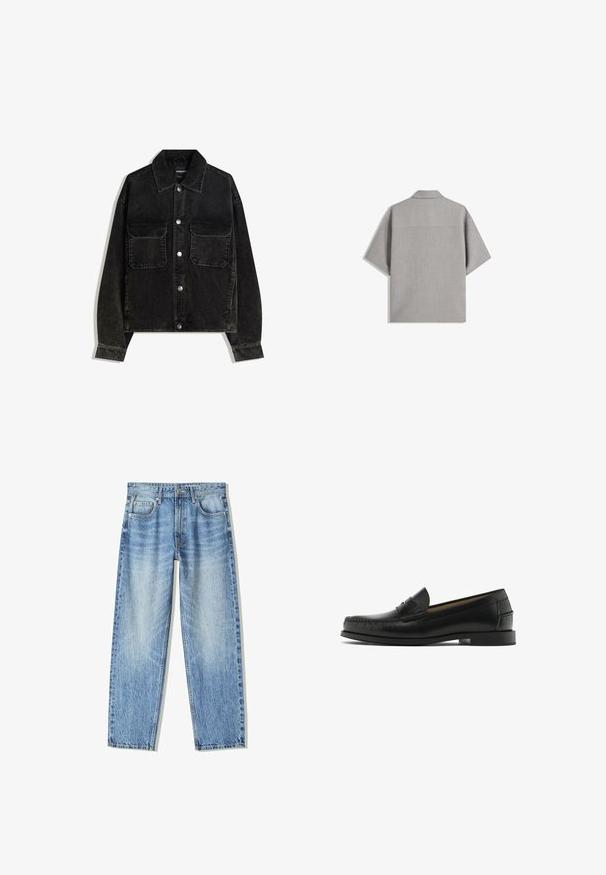 Sort fløjlsjakke med knaplukning fortil, to brystlommer og krave. Tektureret stof med lodrette ribber.; Bershka SHORT SLEEVE TAILORED - Skjorter - dark grey; Lysblå denimjeans med løs pasform, lige bendesign, fem lommer og falmede detaljer. Har en frontknap og lynlås-lukning.; Sorte læder loafers med synligt detaljearbejde, rund tå og en lille blokhæl. Glat overflade med minimalistisk design og slip-on stil.