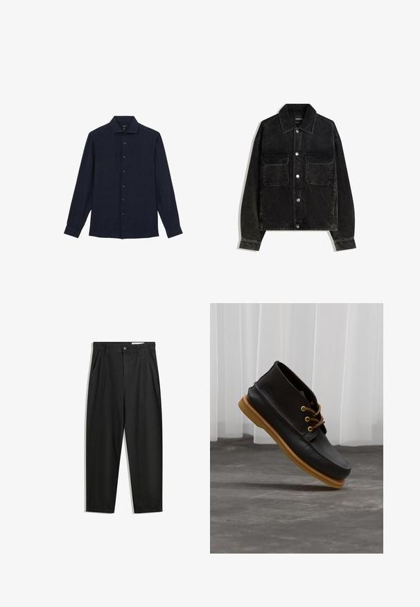 Zwarte corduroy jas met een knoopsluiting aan de voorkant, twee borstzakken en een kraag. Gelaagd weefsel met verticale ribbels.; Reiss REGULAR FIT - RUBAN BUTTON-THROUGH - Overhemd - navy; Zwarte katoenen broeken met een losse pasvorm, voorzien van een klassieke tailleband, voorplooien en zijzakken. Gladde structuur zonder patronen.; Zwarte leren schoenen met een gladde afwerking, ronde neus, bruine veters en lichtbruine rubberen zolen. Logo gegraveerd aan de zijkant.