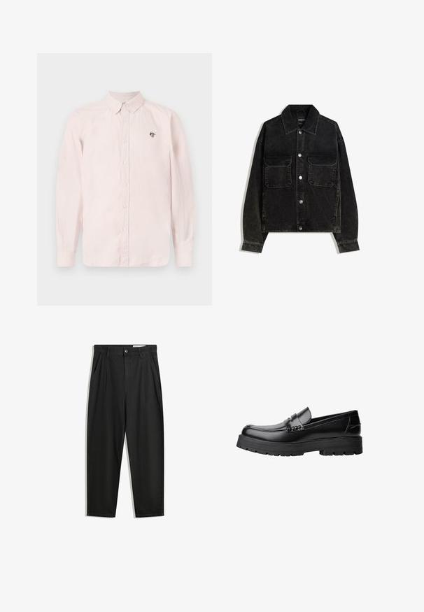 Černá kordurová bunda s předním zapínáním na knoflíky, dvěma náprsními kapsami a límcem. Texturovaná tkanina s vertikálními pruhy.; Světle růžová košile na knoflíky s dlouhými rukávy, límečkem a černým logem na hrudi. Vyrobena z lehkého materiálu.; Černé bavlněné kalhoty s uvolněným střihem, klasickým pasem, předními záhyby a bočními kapsami. Hladká textura bez vzorů.; Černé kožené mokasíny s masivní podrážkou a dekoračním páskem přes horní část, zobrazené v levém bočním profilu na bílém pozadí.