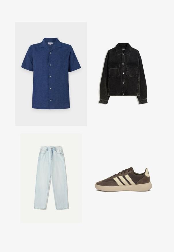 Schwarze Cordjacke mit knöpfbarem Vorderteil, zwei Brusttaschen und Kragen. Strukturiertes Gewebe mit vertikalen Rillen.; Kurzärmliges, marineblaues Hemd aus atmungsaktivem Stoff, mit Kragen, funktionalen Knöpfen und einer leicht strukturierten Oberfläche.; Helle blaue Denim-Jeans mit lässiger Passform, geradem Beindesign, Fünf-Taschen-Stil und dezentem Verblassen des Stoffes.; Brauner Wildledersneaker mit drei weißen Streifen, abgerundetem Zehenbereich, dicker Gummisohle und minimaler Markenkennzeichnung an der Ferse.