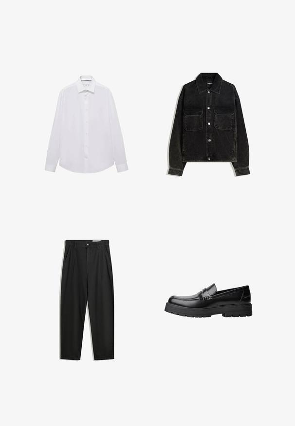 Svart kordflodjacka med knapp-up framtill, två bröstfickor och krage. Strukturerad tyg med vertikala ribbor.; Mango Skjorta - white; Svarta bomullsshorts med avslappnad passform, med en klassisk midja, framveck och sidfickor. Slät textur utan mönster.; Svart läderloafer med kraftig mönstrad sula och dekorativ rem över framtill, visad i vänster sidoprofil på vit bakgrund.