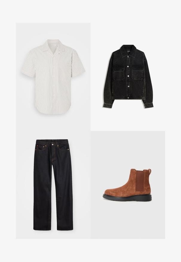 Czarna kurtka z kordurowej tkaniny z zapięciem na guziki z przodu, dwoma kieszeniami na piersi oraz kołnierzem. Teksturowany materiał z pionowymi prążkami.; Koszula z krótkim rękawem zapinana na guziki w jasnym beżu z pionowymi ciemnymi paskami, wyposażona w kieszeń na piersi i z kołnierzykiem z klapami.; Męskie jeansy w prostym kroju, czarne, z pięcioma kieszeniami oraz pomarańczowymi strefami, z zapięciem na guzik i zamek z przodu w pasie.; Brązowe zamszowe botki za kostkę z elastycznymi panelami bocznymi, pętlą do zakupu i czarną gumową podeszwą. Gładka faktura i opływowy kształt.