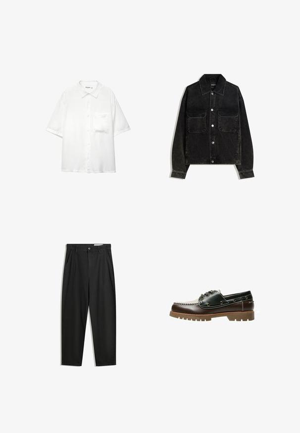 Veste en velours côtelé noire avec un devant à boutons, deux poches poitrine et un col. Tissu texturé avec des côtes verticales.; Chemise blanche à manches courtes, en tissu doux, avec un col et une poche poitrine unique, au design décontracté.; Pantalon en coton noir avec une coupe décontractée, dotés d'une taille classique, de plis à l'avant et de poches latérales. Texture lisse sans motifs.; Bateau en cuir marron et vert avec un design cousu en blanc, lacets ronds et une semelle en caoutchouc texturée. Construction durable avec des œillets en métal.