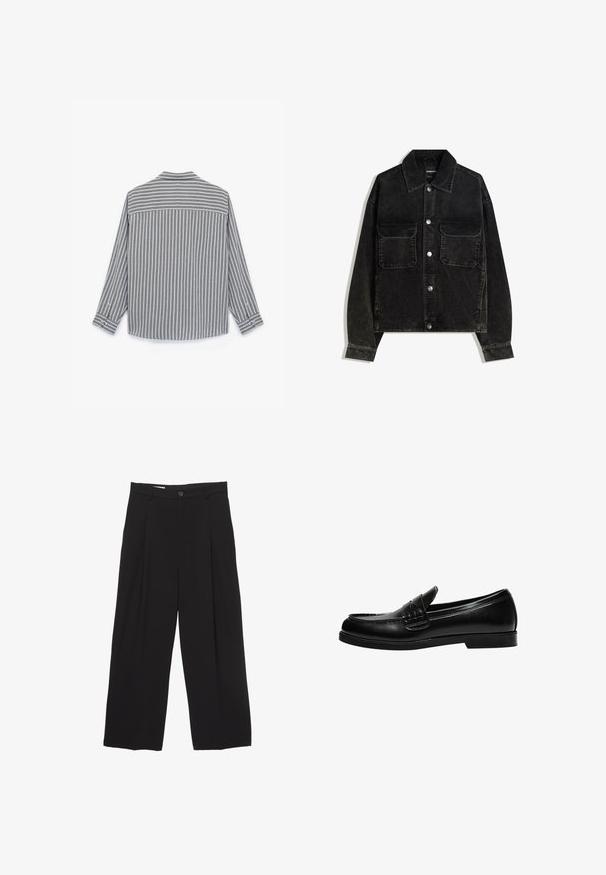 Sort fløjlsjakke med knaplukning fortil, to brystlommer og krave. Tektureret stof med lodrette ribber.; Grå og hvid stribet langærmet skjorte med lige afslutning, knapmanchetter og krave, lavet af et struktureret stof.; Sorte bukser med bred benvidde lavet af glat stof, med flad talje, frontfolder og en enkelt knaplukning.; Sorte læder loafers med en glat overflade, der har en syning detalje på vampen og en lav, solid sort gummisål.