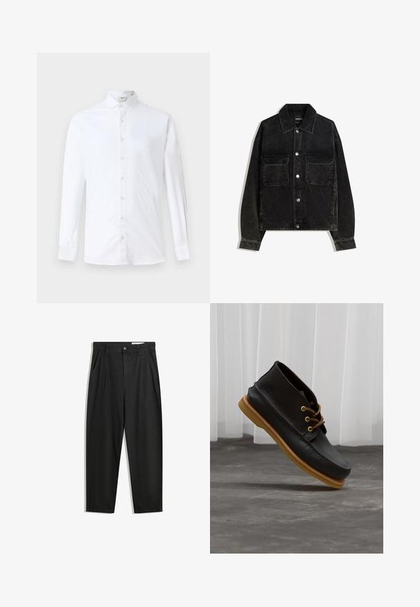 Čierna jemne ryhovaná bunda s gombíkmi na prednej strane, dvoma vreckami na hrudi a golierom. Textúrovaná tkanina s vertikálnymi ryhami.; Biely košeľový dlhý rukáv vyrobený z bavlny, s klasickým golierom, rovnom strihu a hladkou textúrou so zodpovedajúcimi gombíkmi.; Čierne bavlnené nohavice s voľným strihom, s klasickým pásom, prednými záhybmi a bočnými vreckami. Hladká textúra bez vzorov.; Čierne kožené topánky s hladkým povrchom, okrúly špička, hnedé šnúrky a svetlohnedé gumové podrážky. Logo je embosované na boku.