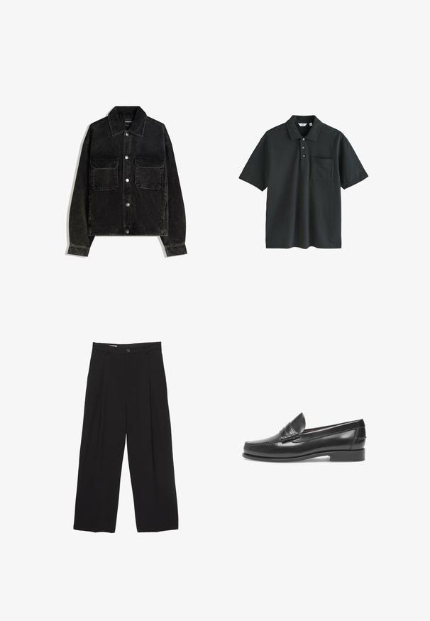 Giacca in velluto nero con chiusura a bottoni, due tasche sul petto e colletto. Tessuto testurizzato con righe verticali.; Polo nero realizzato in cotone, con colletto, chiusura a tre bottoni, maniche corte e taschino sul petto.; Pantaloni neri a gamba larga realizzati in tessuto morbido, con vita piatta, pinces frontali e chiusura con un bottone.; Mocassini di pelle nera con punta arrotondata, dettagli cuciti e una piccola fascia decorativa. Suola piatta con un leggero tacco. Texture liscia.