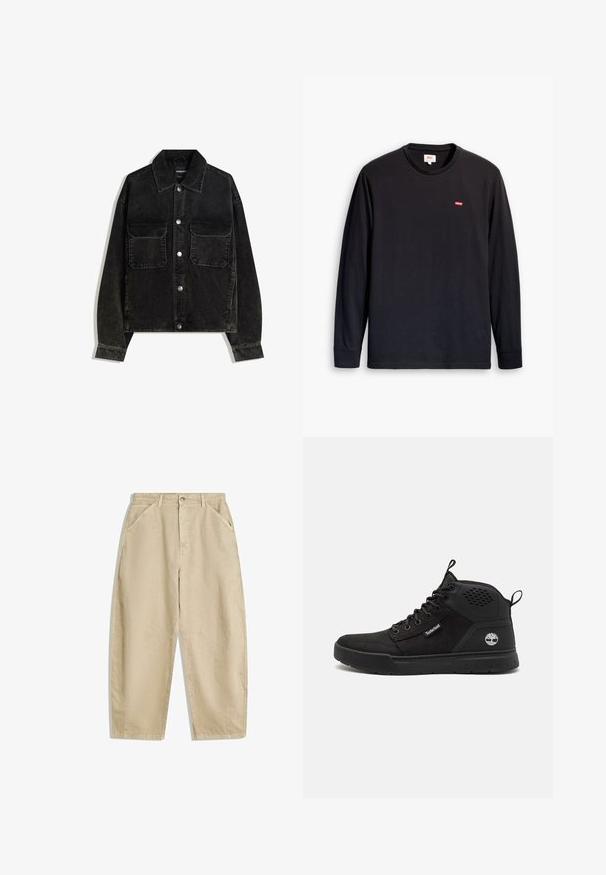 Czarna kurtka z kordurowej tkaniny z zapięciem na guziki z przodu, dwoma kieszeniami na piersi oraz kołnierzem. Teksturowany materiał z pionowymi prążkami.; Czarna koszulka z długim rękawem wykonana z bawełny. Posiada okrągły dekolt i małe czerwone logo na piersi. Gładka tekstura, standardowy krój.; Beżowe spodnie z szerokimi nogawkami wykonane z bawełny, z wysokim stanem, posiadające kieszenie z przodu oraz zapięcie na guzik z przodu. Gładka tekstura z czystymi szwami.; Czarne, wysokie trampki wykonane z połączenia zamszu i materiałów syntetycznych, z wiązanym zapięciem, gumową podeszwą i logo z boku.