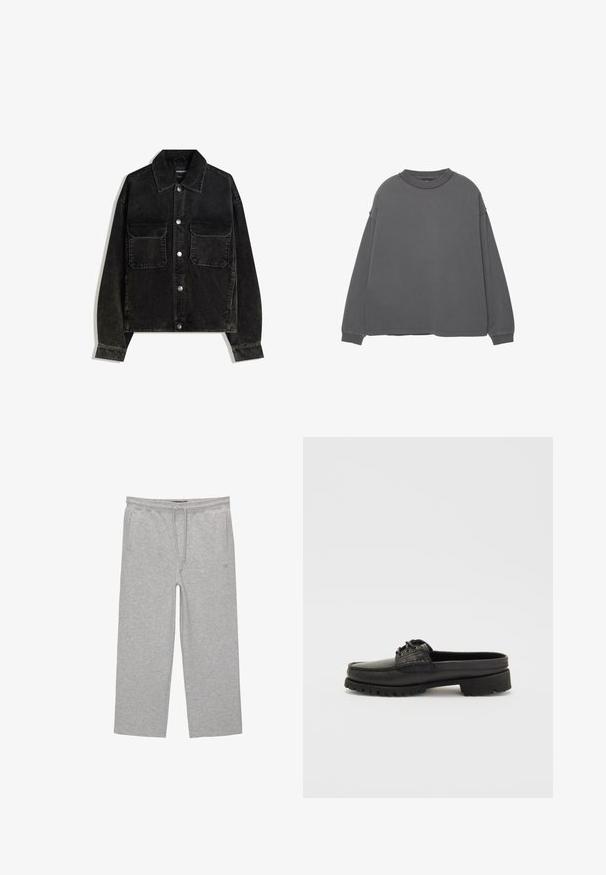Crna kord jakna s gumbima sprijeda, dva džepa na prsima i ovratnikom. Tekstuirani materijal s vertikalnim trakama.; Siva dukserica dugih rukava s okruglim izrezom, spuštenim ramenima i manžetama na rukavima. Mekana tekstura, minimalistički dizajn i bez vidljivih uzoraka.; Sive cotton hlače za opuštanje s elastičnim pojasom, vezicom i dva bočna džepa; ravni kroj, mekana tekstura, bez uzoraka.; Crne kožne cipele bez vezivanja s detaljima od čipke, zaobljenog vrha i teksturiranom potplatu. Imaju lagano povišeni potplat i glatku završnu obradu.