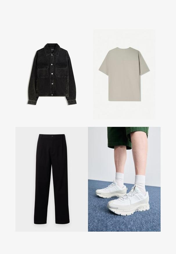 Black corduroy jacket with a button-up front, two chest pockets, and a collared neck. Textured fabric with vertical ridges.; Beige cotton t-shirt with short sleeves. Features a simple design and a round neckline. Smooth texture with minimal stitching on the back.; Black fabric trousers with a straight cut, front pleats, and a single button closure. Smooth texture and no visible patterns.; White athletic shoes with textured overlays, a chunky sole, and gray accents. Worn with white crew socks and green shorts on a blue surface.