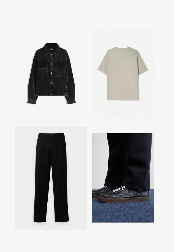 Schwarze Cordjacke mit knöpfbarem Vorderteil, zwei Brusttaschen und Kragen. Strukturiertes Gewebe mit vertikalen Rillen.; Beige Baumwoll-T-Shirt mit kurzen Ärmeln. Hat ein einfaches Design und einen runden Ausschnitt. Glatte Textur mit minimalen Nähten auf der Rückseite.; Schwarze Stoffhose mit geradem Schnitt, Bundfalten und einem einzigen Knopfverschluss. Glatte Textur und keine sichtbaren Muster.; Nike Sportswear KILLSHOT 2 LTR PRM OPP2 - Sneaker low - black sail baroque brown mtlc dk grey