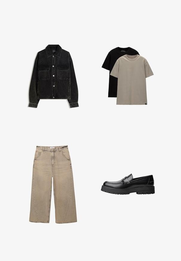 Crna kord jakna s gumbima sprijeda, dva džepa na prsima i ovratnikom. Tekstuirani materijal s vertikalnim trakama.; Set od dva majice; jedna crna, jedna svijetlosmeđa. Standardni kroj s okruglim izrezima, napravljene od mekanog pamučnog materijala. Jednostavan dizajn, bez uzoraka.; PULL&BEAR MEGA BAGGY - Vrećaste traperice - light grey; Crna kožna mokasina s debelim potplatima i dekorativnom trakom preko gornjeg dijela, prikazana u lijevom bočnom profilu na bijeloj pozadini.