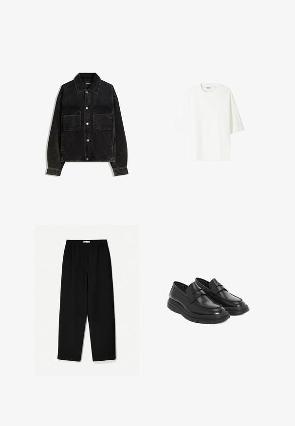 Černá kordurová bunda s předním zapínáním na knoflíky, dvěma náprsními kapsami a límcem. Texturovaná tkanina s vertikálními pruhy.; Bílá tričko s krátkým rukávem vyrobené z bavlny, se skládaným výstřihem a uvolněným střihem s rovním lemem.; Černé kalhoty s širokými nohavicemi vyrobené z lehkého materiálu. Mají elastický pas a hladkou texturu. Bez viditelných vzorů nebo kovových detailů.; Černé kožené polobotky s kulatou špičkou, prošitím a platformovou gumovou podrážkou. Obsahují dekorativní pásek přes nárt.
