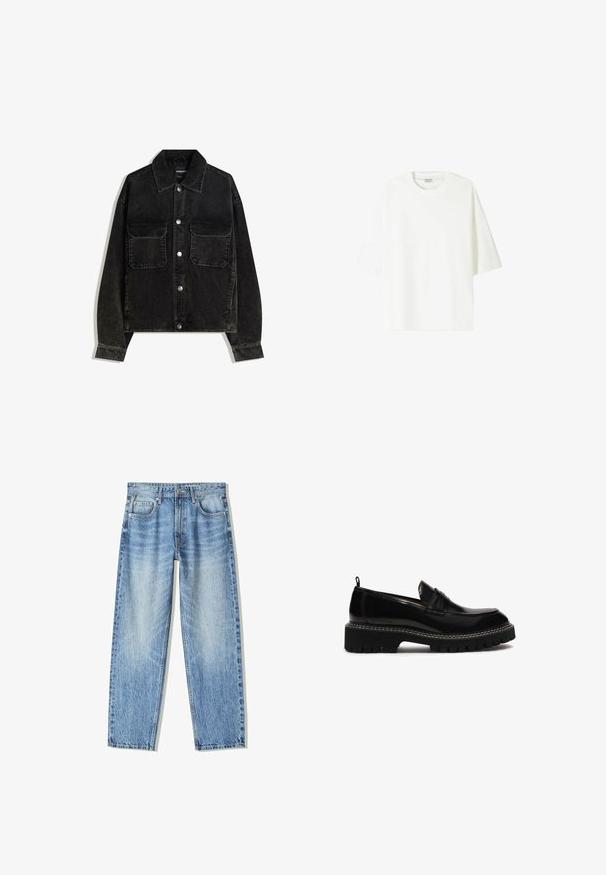 Fekete bordás dzseki gombos elülső résszel, két mellzsebbel és galléros nyakkal. Texturált anyag, függőleges bordákkal.; Fehér, rövid ujjú póló, amely pamutból készült, kerek nyakkivágással és laza szabással, egyenes alsó szegéllyel.; Világoskék farmernadrág, laza szabással, egyenes szárú dizájnnal, öt zsebbel és kopottas textúrával. Elöl gombos és cipzáros záródással.; Fekete bőr slip-on cipő lekerekített orral, vastag textúrált talppal, dekoratív varrással és kis sarkal. Hátul húzófüllel rendelkezik.