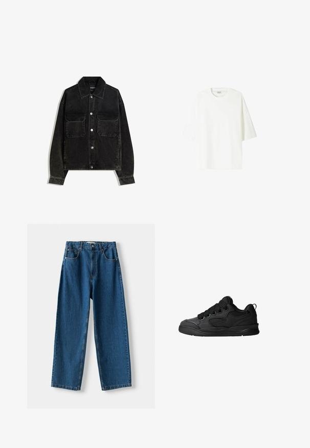 Črna kordna jakna z gumbnico spredaj, dvema žepoma na prsih in ovratnikom. Teksturen material z vertikalnimi rebrami.; Bela kratka majica s kratkimi rokavi, izdelana iz bombaža, z okroglo ovratnikom in sproščenim krojem ter ravnim robom.; Modre jeans hlače visoke pasu s ravnim krojem, ki imajo zapenjanje na gumb in zadrgo, pet žepov ter kontrastno šivanje.; Črne superge z teksturiranim zgornjim delom, opremljene z vezalkami, mrežastimi dodatki za zračnost, oblazinjenim ovratnikom in trdnim podplatom.