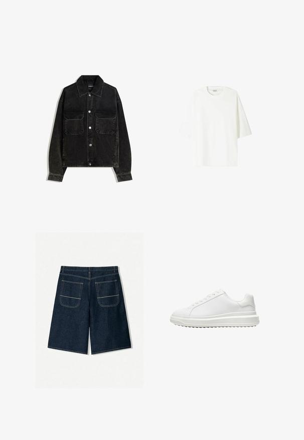 Fekete bordás dzseki gombos elülső résszel, két mellzsebbel és galléros nyakkal. Texturált anyag, függőleges bordákkal.; Fehér, rövid ujjú póló, amely pamutból készült, kerek nyakkivágással és laza szabással, egyenes alsó szegéllyel.; Sötétkék farmer rövidnadrág, laza fit tessékű, két hátzsebbel, kontrasztos varrással. Egyenes szabású és térd alá érő dizájn.; Fehér edzőcipő sima szintetikus felsőrész, kerek orr, lapos fűzők, texturált talp és réteges, platform dizájn a magasabb megjelenés érdekében.