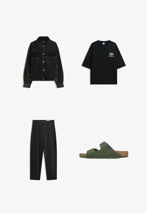Black corduroy jacket with a button-up front, two chest pockets, and a collared neck. Textured fabric with vertical ridges.; Black oversized cotton t-shirt featuring a round neckline and short sleeves, with a white "Shibuya" logo printed on the front.; Black cotton trousers with a relaxed fit, featuring a classic waistband, front pleats, and side pockets. Smooth texture without patterns.; Green Birkenstock sandals with two cut-out straps, a cork footbed, and a textured outer finish. The sole is flat with a non-slip design.