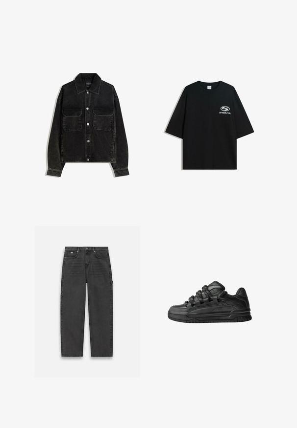 Veste en velours côtelé noire avec un devant à boutons, deux poches poitrine et un col. Tissu texturé avec des côtes verticales.; T-shirt en coton noir surdimensionné avec un col rond et des manches courtes, arborant un logo "Shibuya" blanc imprimé à l'avant.; Pantalons en denim gris foncé avec une coupe droite, style cinq poches et fermeture à boutons et zip visible. Présente un agencement minimal.; Baskets noires avec une tige en cuir lisse, des accents texturés et des lacets ronds noir et blanc. Semelle en caoutchouc épaisse avec un motif de semelle.