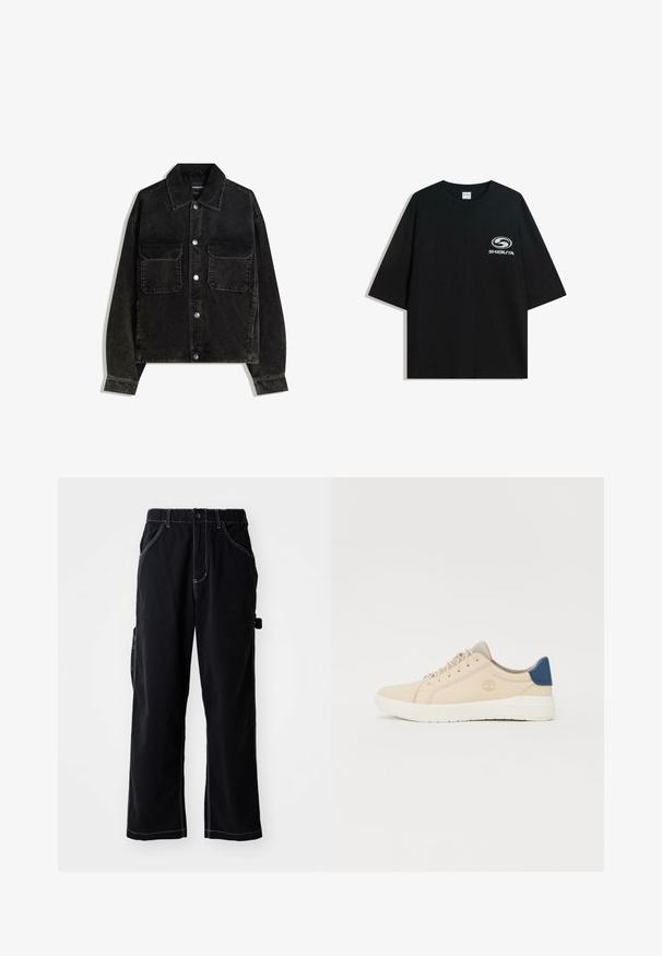 Giacca in velluto nero con chiusura a bottoni, due tasche sul petto e colletto. Tessuto testurizzato con righe verticali.; T-shirt nera oversize in cotone con scollatura rotonda e maniche corte, con un logo bianco "Shibuya" stampato sul fronte.; Pantaloni cargo neri con una vestibilità rilassata, dotati di vita con cordino, tasche laterali e dettagli di cucitura bianca a contrasto.; Sneakers beige in suede, con suola bianca, lacci beige e un dettaglio blu sul tallone. Logo impresso di lato.