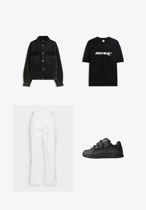 Mustat korduroy-takki napitus edessä, jossa on kaksi rintataskua ja kauluksellinen kaula. Teksturoitu kangas, jossa on pystysuorat urat.; Musta puuvillainen T-paita, jossa on valkoinen "ARCHIVE inc." -logo rinnassa, lyhyet hihat ja pyöreä kaula-auko.; Valkoiset puuvillahousut, joissa on suoralenkkinen muotoilu, vyölenkit ja sivutaskut. Housuissa on sileä pinta ja minimaalinen koristelu.; Mustat tennarit, joissa on sileä nahkapinta, teksturoituja yksityiskohtia ja pyöreät musta-valkoiset nauhat. Paksu kumipohja, jossa on kuvioitu pinta.