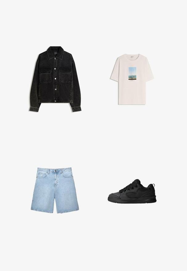 Fekete bordás dzseki gombos elülső résszel, két mellzsebbel és galléros nyakkal. Texturált anyag, függőleges bordákkal.; Fehér pamut póló, amelyen egy téglalap alakú grafikai ábrázolás látható: tengerparti kilátás és két szék, kék ég és víz tónusokkal.; Világoskék farmer rövidnadrág laza szabással, öt zsebbel, gombos és cipzáras záródással. Ráadásul díszvarrással és normál derékpánttal rendelkezik.; Fekete sportcipő texturált felsőrésszel, fűzőkkel, légáteresztő hálós részletekkel, párnázott bokarésszel és tartós talppal.