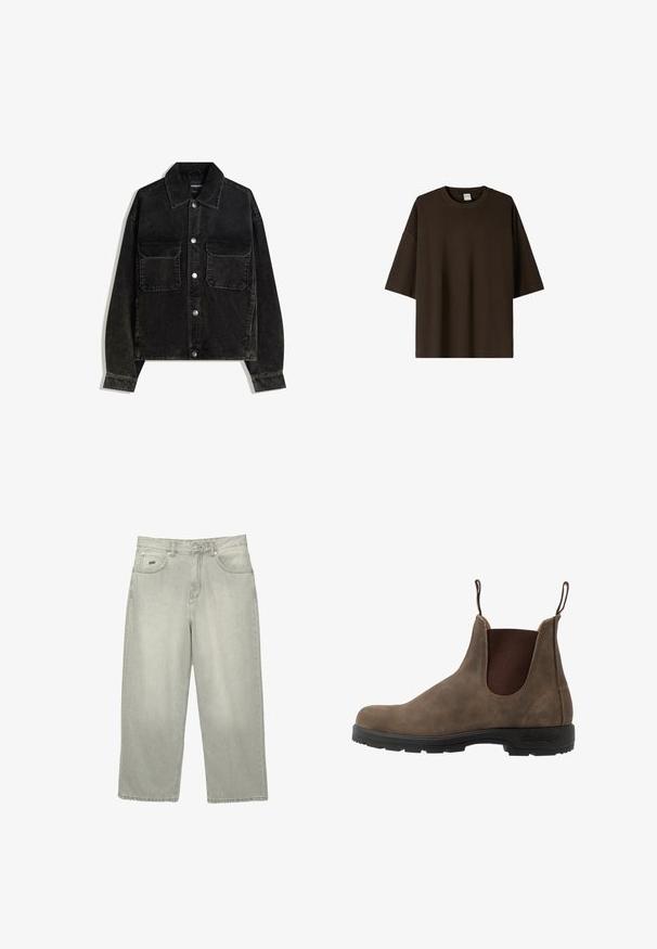 Schwarze Cordjacke mit knöpfbarem Vorderteil, zwei Brusttaschen und Kragen. Strukturiertes Gewebe mit vertikalen Rillen.; Braunes oversized T-Shirt aus weicher Baumwolle. Besitzt einen Rundhalsausschnitt und kurze, weite Ärmel. Einfaches, schmuckloses Design und glatte Textur.; Helle graue Straight-Leg-Jeans mit Fronttaschen, Gürtelschlaufen und einer Knopfverschluss.; Braune Leder-Chelsea-Boots mit elastischen Seitenpaneelen, Ziehschlaufen und einer schwarzen Gummisohle mit griffigem Profil.