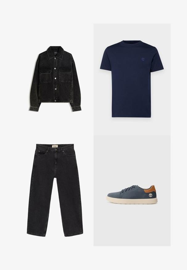 Zwarte corduroy jas met een knoopsluiting aan de voorkant, twee borstzakken en een kraag. Gelaagd weefsel met verticale ribbels.; Marineblauwe katoenen t-shirt met een ronde hals, korte mouwen en een klein geborduurd logo op de borst. Gladde textuur, normale pasvorm.; Zwarte spijkerbroek van denim met een relaxte pasvorm. Beschikt over vijf zakken, een knoopsluiting aan de voorkant en stikdetails. Licht vervaagde textuur.; Marine canvas sneaker met een beige rubberen zool, bruine leren accent op de hiel en gestructureerde stiksels. Bevat ronde veters en logo-detail.
