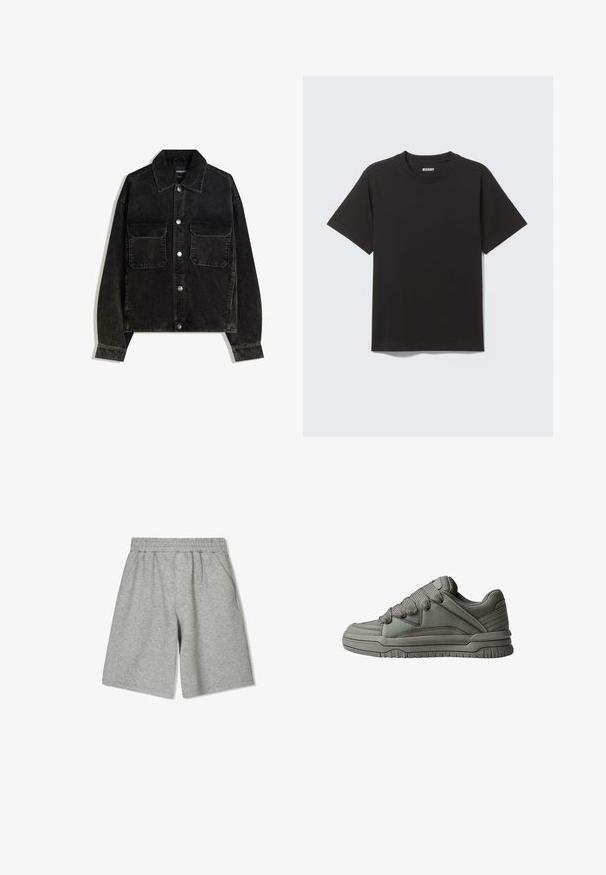 Crna kord jakna s gumbima sprijeda, dva džepa na prsima i ovratnikom. Tekstuirani materijal s vertikalnim trakama.; Crna majica kratkih rukava od mekanog pamuka, s okruglim izrezom i jednostavnim dizajnom bez uzoraka ili naglasaka.; Sive pamučne kratke hlače s elastičnim pojasom, s bočnim džepovima i opuštenim krojem. Glatka tekstura i dizajn do koljena.; Sivi atletski model cipela s teksturiranom kožom i mrežastim gornjim dijelom, debelim gumenim potplatom te istaknutim podstavljenim jezikom i stranama. Uključene vezice i bočni dodaci.