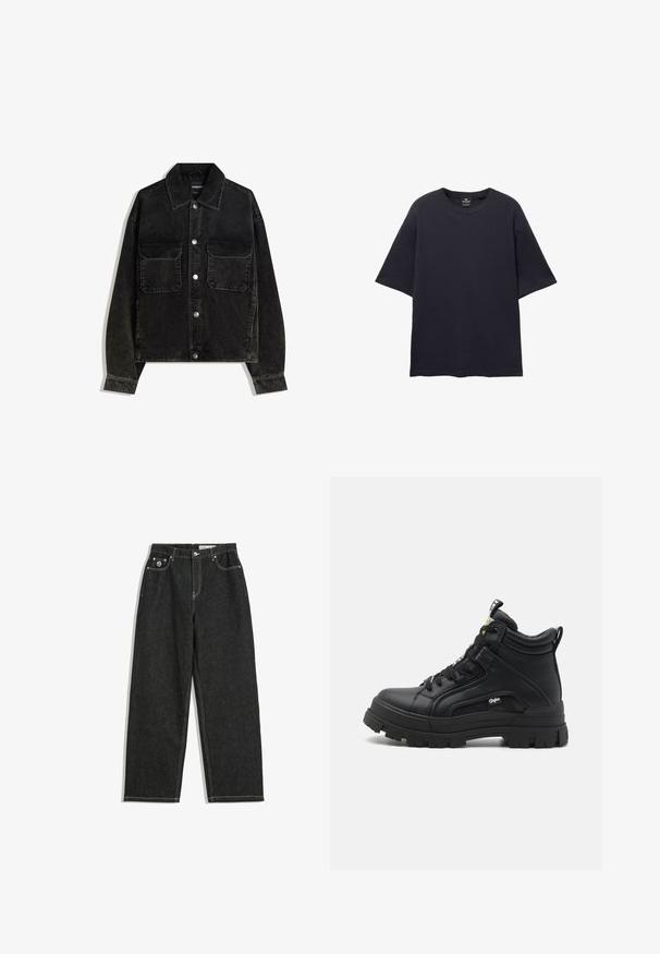 Giacca in velluto nero con chiusura a bottoni, due tasche sul petto e colletto. Tessuto testurizzato con righe verticali.; PULL&BEAR SHORT SLEEVE TEXTURED WEAVE - T-shirt basic - dark blue; Jeans neri a gamba dritta con cuciture bianche, design a cinque tasche, chiusura con bottone e cerniera, e un piccolo logo sulla tasca frontale destra.; Calzature nere alte in pelle texturizzata, dotate di una robusta suola in gomma, chiusura con lacci nella parte anteriore e un piccolo dettaglio del logo sul lato.