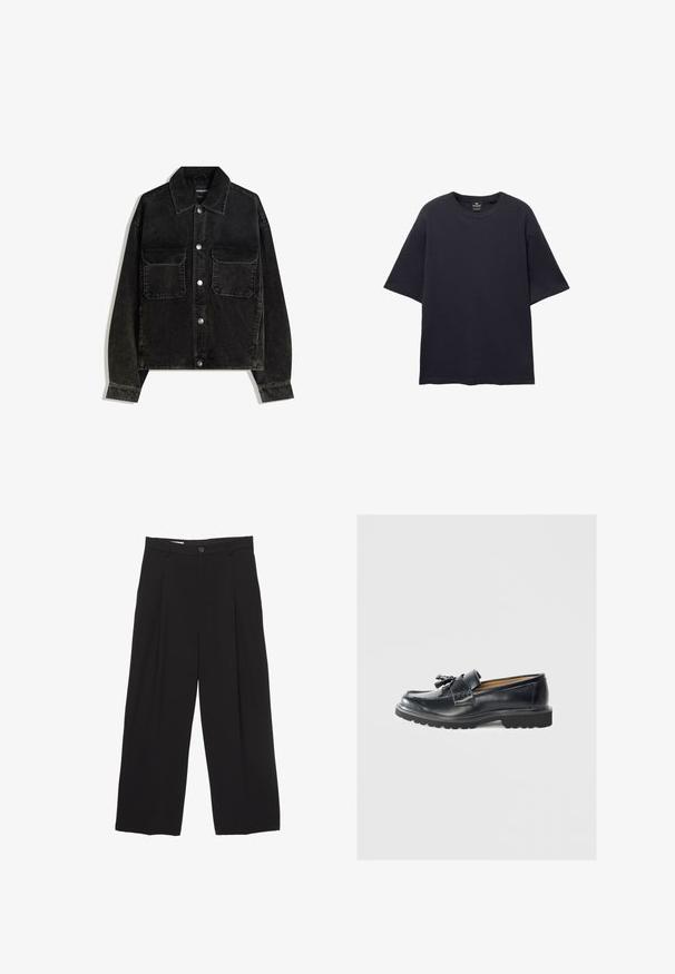 Giacca in velluto nero con chiusura a bottoni, due tasche sul petto e colletto. Tessuto testurizzato con righe verticali.; PULL&BEAR SHORT SLEEVE TEXTURED WEAVE - T-shirt basic - dark blue; Pantaloni neri a gamba larga realizzati in tessuto morbido, con vita piatta, pinces frontali e chiusura con un bottone.; Mocassino in pelle nera con suola piatta pronunciata, dettagli cuciti, decorazione con nappe e una finitura liscia.