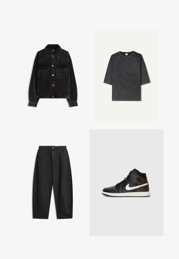 Black corduroy jacket with a button-up front, two chest pockets, and a collared neck. Textured fabric with vertical ridges.; Oversized short-sleeve t-shirt in dark gray, made from cotton. Features a round neckline and visible stitching along the edges.; Black wide-leg trousers made of cotton, featuring a high waist, front pockets, and subtle stitching details. Smooth texture without patterns.; Black and brown high-top sneakers with leather upper, white swoosh logo, perforated toe, and rubber sole. Features black laces and collar.
