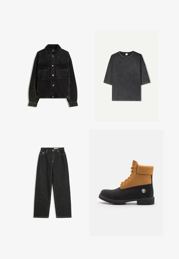 Fekete bordás dzseki gombos elülső résszel, két mellzsebbel és galléros nyakkal. Texturált anyag, függőleges bordákkal.; Túlméretes, rövid ujjú póló sötétszürke színben, pamutból készült. Kerek nyakkivágással és látható varrásokkal a szélein.; Fekete, egyenes szárú farmernadrág fehér varrással, öt zsebes kialakítással, gombbal és cipzárral záródik, valamint egy kis logó található a jobb elülső zseben.; Fekete és barna boka csizma, bőrből és velúr anyagból készült, párnázott gallérral, hat fémlyukkal és logós gumitalppal.