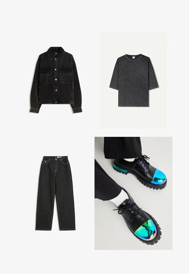 Černá kordurová bunda s předním zapínáním na knoflíky, dvěma náprsními kapsami a límcem. Texturovaná tkanina s vertikálními pruhy.; Přetahující tričko s krátkým rukávem v tmavě šedé barvě, vyrobené z bavlny. Má kulatý výstřih a viditelné švy podél okrajů.; Černé džíny rovného střihu s bílým prošíváním, design se pěti kapsami, zapínání na knoflík a zip a malé logo na přední pravé kapse.; Koi Footwear SHELOB MENS IRIDESCENT METAL TOE CAP DERBY SHOES - Šněrovací boty - black