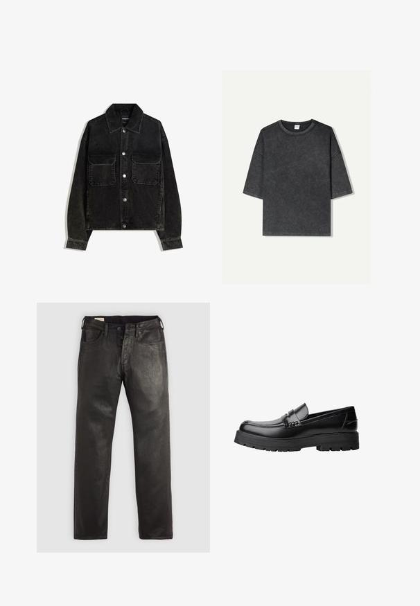 Črna kordna jakna z gumbnico spredaj, dvema žepoma na prsih in ovratnikom. Teksturen material z vertikalnimi rebrami.; Prevelika kratka majica s kratkimi rokavi temno sive barve, izdelana iz bombaža. Ima okrogel izrez in vidne šive ob robovih.; Črne kavbojke iz denima ravnega kroja, z gumbom in zadrgo, petimi žepi in gladko teksturo.; Črne usnjene loafersice s debelim profiliranim podplatom in dekorativnim pasom čez zgornji del, prikazane v levem stranskem profilu na beli podlagi.